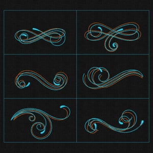 May include: Six different embroidery designs featuring swirls and flourishes in blue and orange thread. The designs are arranged in a grid pattern on a black background.