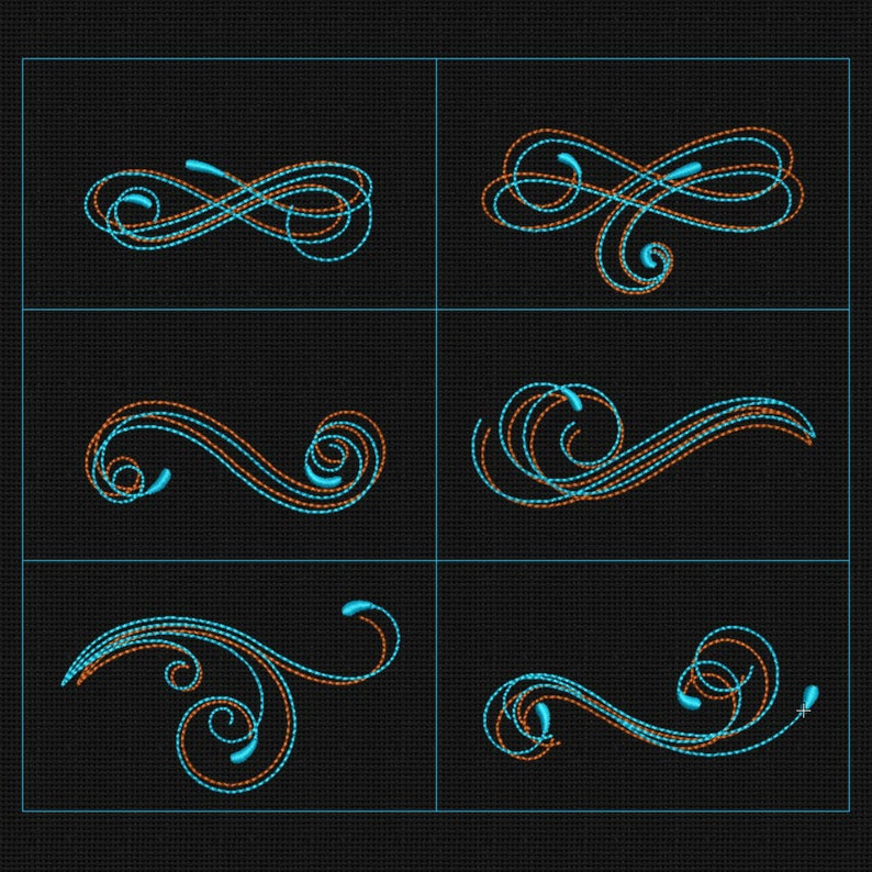 May include: Six different embroidery designs featuring swirls and flourishes in blue and orange thread. The designs are arranged in a grid pattern on a black background.
