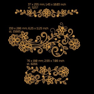 K&ouml;nnte beinhalten: Drei goldene Stickmuster mit floralen Mustern mit Bl&auml;ttern und Schn&ouml;rkeln. Die Muster sind in verschiedenen Gr&ouml;&szlig;en und eignen sich perfekt, um jedem Projekt einen Hauch von Eleganz zu verleihen.