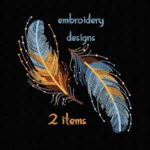 May include: Two embroidered feather designs in blue, yellow, and brown colours. The text "embroidery designs" and "2 items" is included in the image.