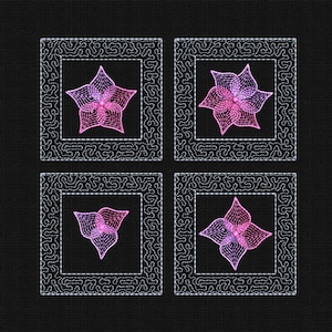 以下が含まれることがあります： 黒い背景に、複雑な白い輪郭を持つ正方形のフレームが4つあります。各フレームには、ピンクとパープルのスタイリッシュな花のデザインが描かれています。