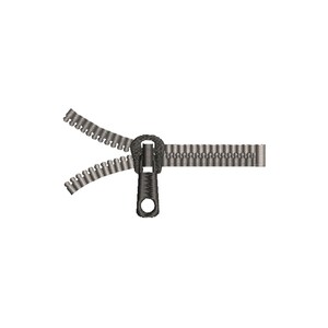 May include: A silver zipper with a black pull tab. The zipper is open and the two sides are separated.