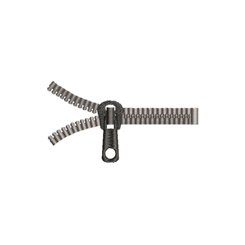 May include: A silver zipper with a black pull tab. The zipper is open and the two sides are separated.