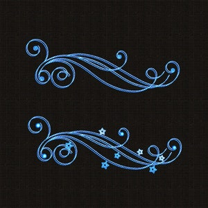 May include: Two blue decorative swirls with white flower accents. The swirls are on a black background.