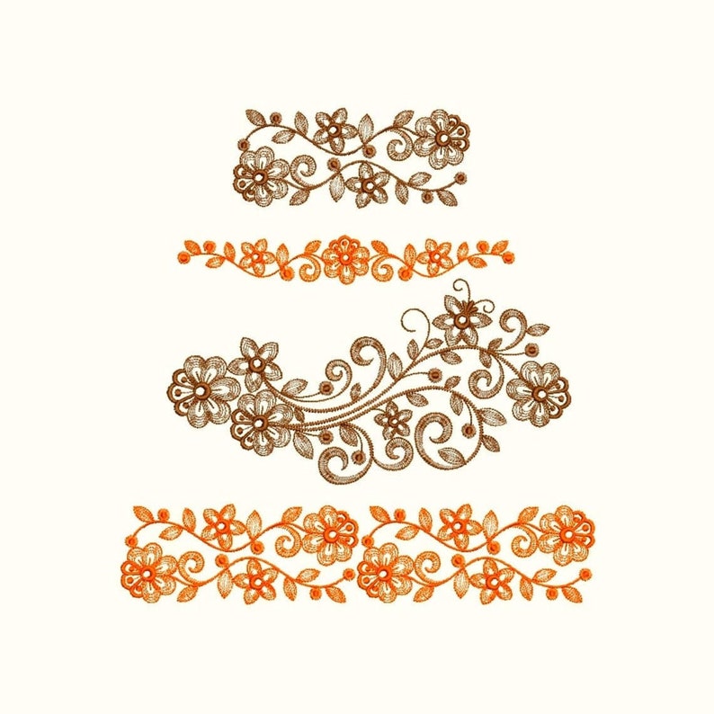 K&ouml;nnte beinhalten: Drei dekorative Blumenbord&uuml;ren in Braun und Orange. Die obere Bord&uuml;re ist ein schlichtes Blumenmuster, die mittlere Bord&uuml;re ist ein aufwendigeres Blumenmuster mit Schn&ouml;rkeln und die untere Bord&uuml;re ist ein sich wiederholendes Blumenmuster.