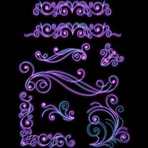 May include: A collection of digital graphic elements featuring neon-style pink and blue swirling filigree patterns. The set includes various decorative borders, corner accents, and ornate flourishes arranged against a solid black background.