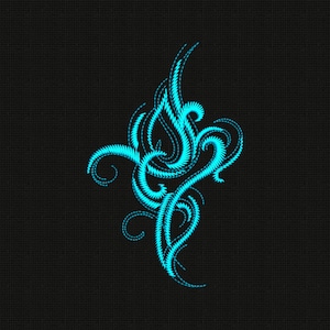Puede incluir: Un diseño bordado en color turquesa sobre un fondo negro. El diseño presenta formas abstractas fluidas con una apariencia texturizada y cosida. La obra de arte tiene un patrón simétrico y arremolinado, creando un elemento decorativo.