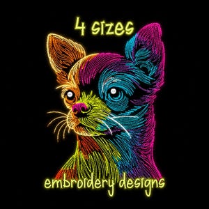 Op de afbeelding: Een levendige, meerkleurige lijntekening van een chihuahuakop tegen een zwarte achtergrond. Het ontwerp bevat neonkleurige lijnen in geel, oranje, roze en blauw. De tekst 4 sizes en embroidery designs verschijnt in het geel.