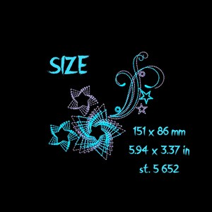 May include: A blue and purple embroidery design with the word "SIZE" and a floral pattern with stars. The design measures 5.94 x 3.37 inches and has 5,652 stitches.