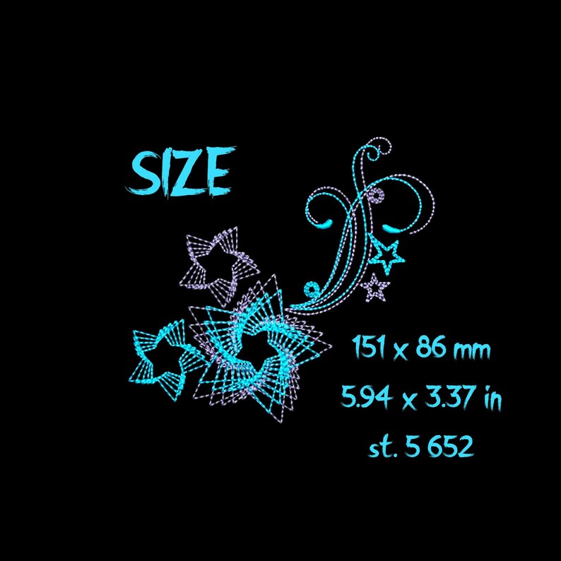 May include: A blue and purple embroidery design with the word "SIZE" and a floral pattern with stars. The design measures 5.94 x 3.37 inches and has 5,652 stitches.