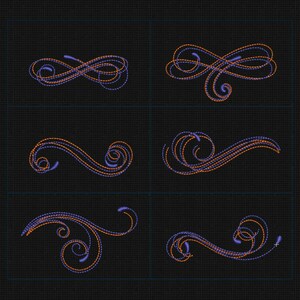 May include: Six different decorative swirls in orange and purple. The swirls are outlined in orange and filled in with purple. The swirls are on a black background.