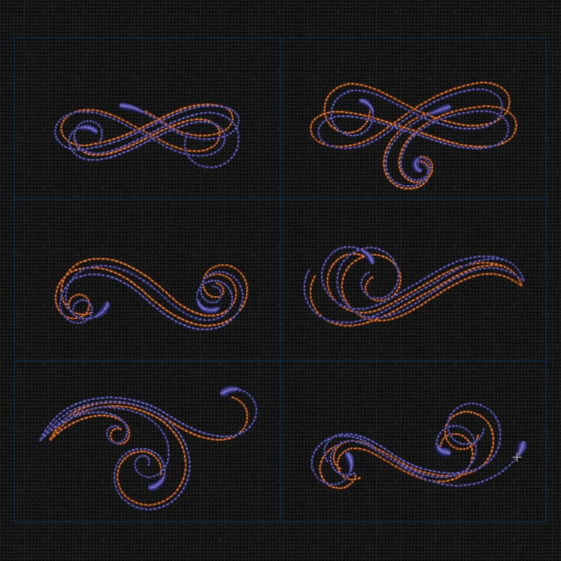 May include: Six different decorative swirls in orange and purple. The swirls are outlined in orange and filled in with purple. The swirls are on a black background.
