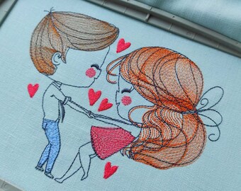 Dancing Couple Embroidery Design | Boy and Girl with Hearts | 4x4 5x7 Hoop File
