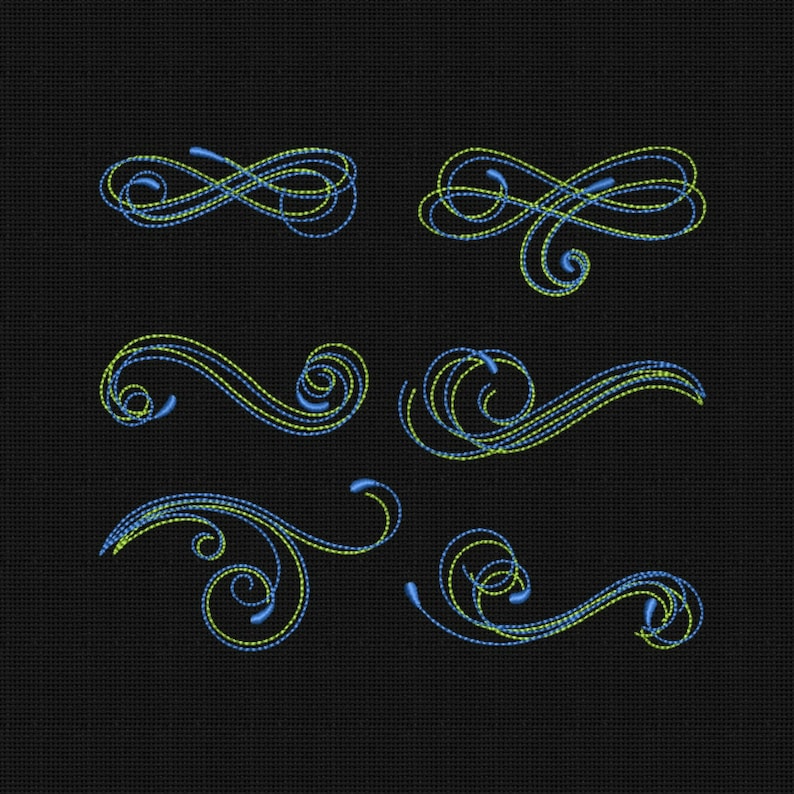 May include: A set of six decorative swirls in blue and green. The swirls are outlined in green and filled in with blue. The swirls are arranged in a grid pattern.