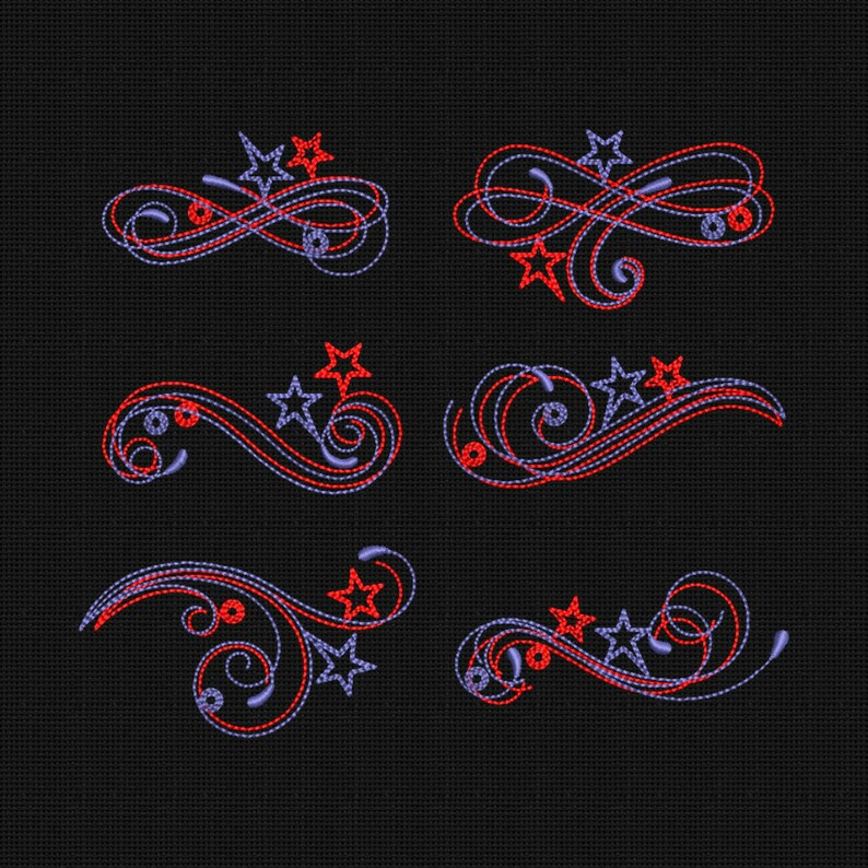 Puede incluir: Seis dise&ntilde;os de bordado diferentes con remolinos y estrellas. Los remolinos son morados y las estrellas son rojas.