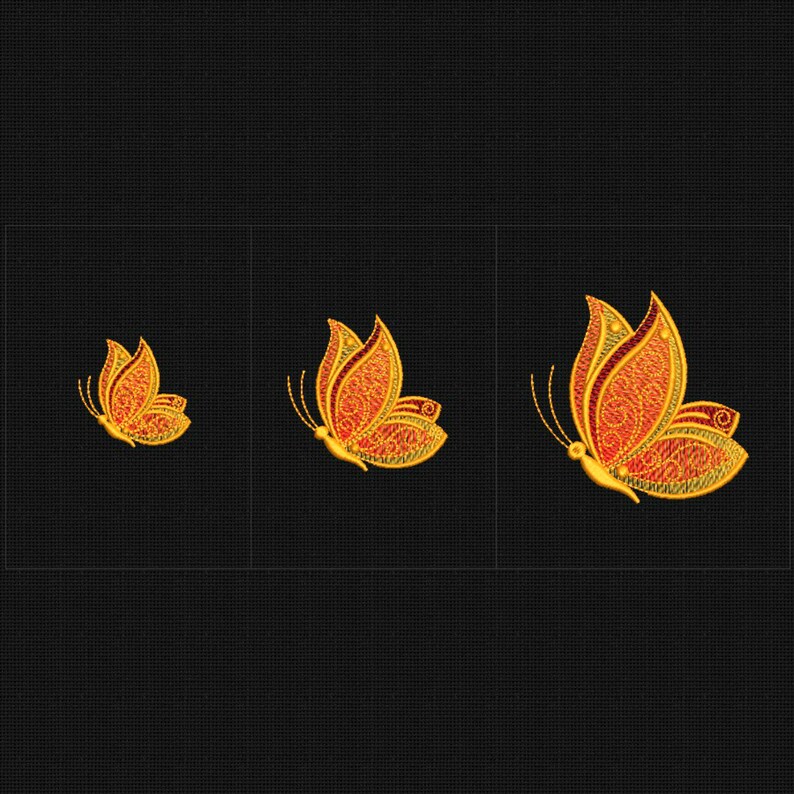 May include: Three embroidered butterflies in different sizes. The butterflies are gold with red accents and intricate details. The butterflies are on a black background.