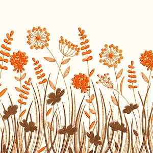 May include: A digital embroidery design featuring a border of orange and brown stylized flowers and leaves. The design is perfect for creating a decorative border on a variety of projects.