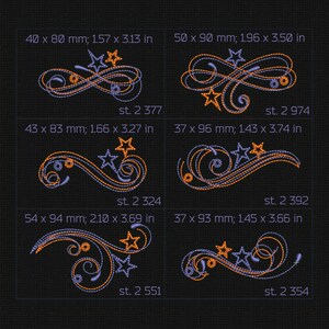 Puede incluir: Cuatro dise&ntilde;os de bordado diferentes que presentan un patr&oacute;n de espiral con estrellas. Los dise&ntilde;os est&aacute;n en tonos naranja y morado. Los dise&ntilde;os est&aacute;n etiquetados con sus dimensiones en mil&iacute;metros y pulgadas, y el n&uacute;mero de puntadas.