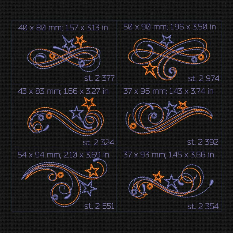 Puede incluir: Cuatro dise&ntilde;os de bordado diferentes que presentan un patr&oacute;n de espiral con estrellas. Los dise&ntilde;os est&aacute;n en tonos naranja y morado. Los dise&ntilde;os est&aacute;n etiquetados con sus dimensiones en mil&iacute;metros y pulgadas, y el n&uacute;mero de puntadas.