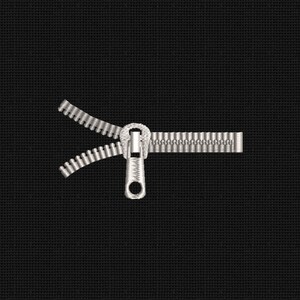 May include: A silver zipper with a pull tab, open and separated, against a black background.