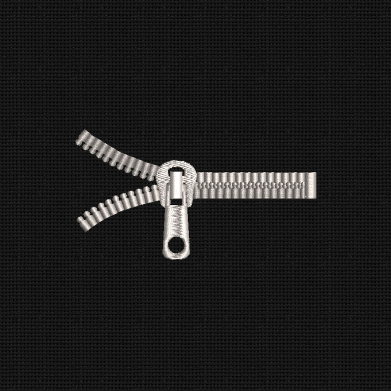 May include: A silver zipper with a pull tab, open and separated, against a black background.