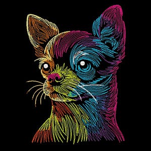 May include: A colorful, abstract illustration of a chihuahua dog. The dog's fur is made up of lines of different colors, including red, orange, yellow, green, blue, and purple. The dog's eyes are large and black, and its nose is pink.