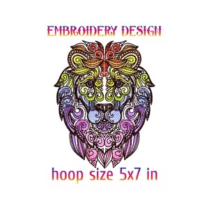 May include: A colourful embroidery design of a lion's face with intricate details. The design is suitable for a 5x7 inch hoop.