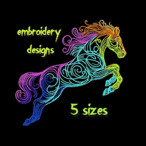 Motif de broderie cheval dégradé néon : dessin au trait moderne (téléchargement numérique
