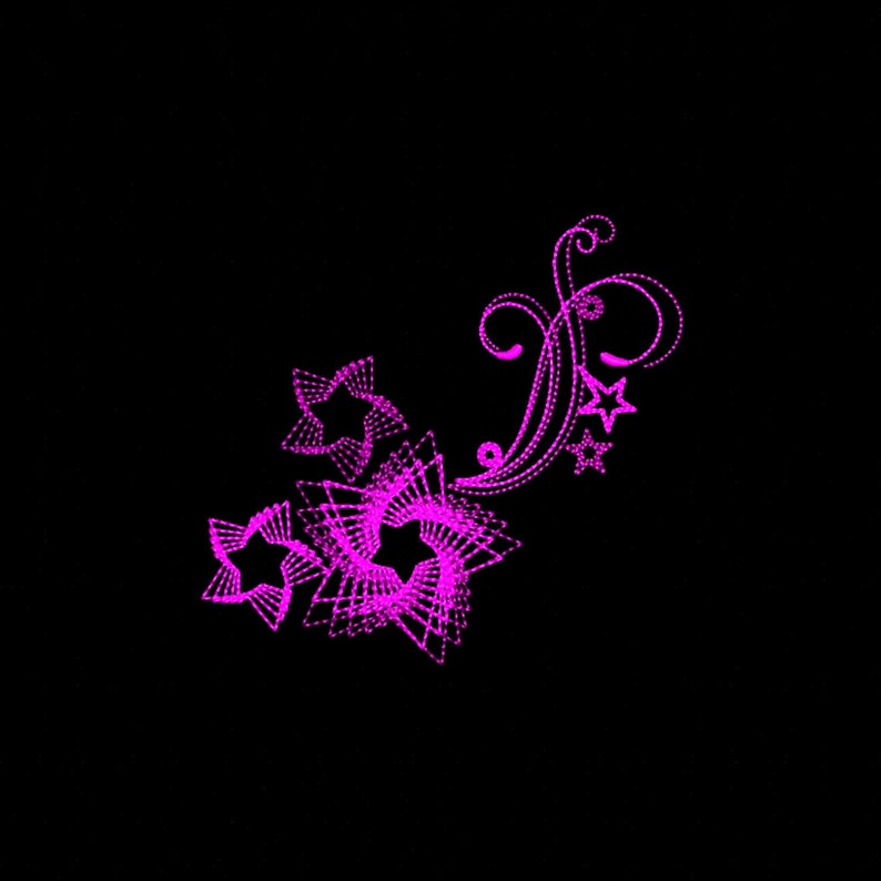 May include: A pink floral design with stars on a black background. The design is made up of small dots that create a swirling pattern.