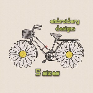 May include: Embroidered design of a bicycle with daisy flower wheels. The design comes in 5 sizes.  "embroidery designs" is written above the bicycle and "5 sizes" is written below the bicycle.