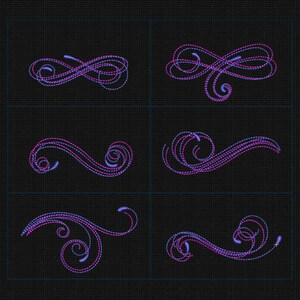 May include: Six different decorative swirls in pink and purple. The swirls are outlined in pink and filled in with purple. The swirls are on a black background.