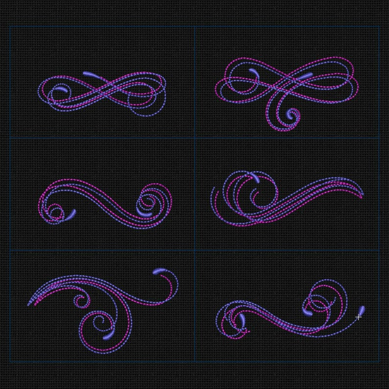 May include: Six different decorative swirls in pink and purple. The swirls are outlined in pink and filled in with purple. The swirls are on a black background.