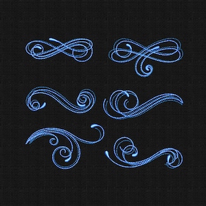 Puede incluir: Conjunto de seis remolinos decorativos azules sobre un fondo negro. Los remolinos son estilizados y se asemejan a la caligrafía.