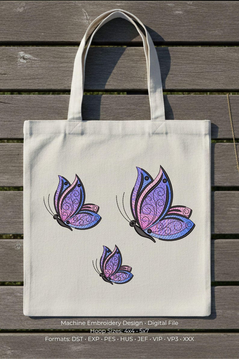 Digital Embroidery Design Butterfly Set | 3 Motifs Machine File | 4x4 Hoop Boho Chic Pattern image 1