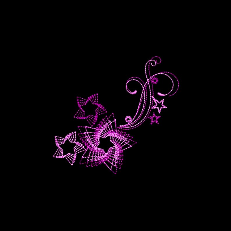May include: A pink floral design with five-pointed stars, created with small dots of light.