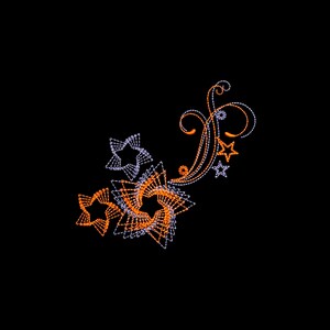 May include: Orange and purple light-up Christmas decorations in the shape of stars and a swirling vine.