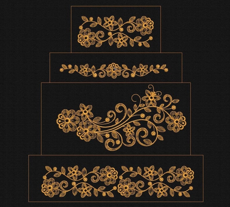 K&ouml;nnte beinhalten: Eine vierst&ouml;ckige Torte, die mit goldenen Blumenstickereien verziert ist. Jede Etage hat ein anderes Blumenmuster, was einen luxuri&ouml;sen und eleganten Look erzeugt.