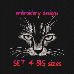 May include: Embroidery design of a cat's face with the text "embroidery designs" and "SET 4 BIG sizes" in a rainbow gradient.