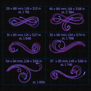 May include: A digital image showing six different decorative swirls in pink and blue. Each swirl is outlined in white dots and has measurements in inches and millimeters. The text "st." is used to indicate stitch count.