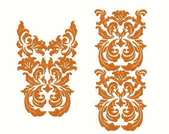 May include: Two orange embroidered designs, one with a symmetrical, floral pattern and the other with a vertical, repeating floral pattern.