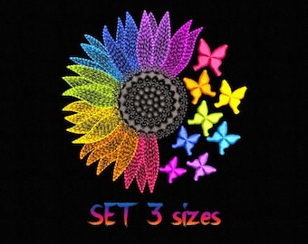Rainbow Sunflower Embroidery Design: Butterflies Machine Embroidery (Digital File)