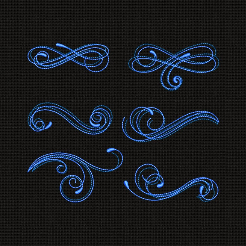 May include: Set of six blue decorative swirls, perfect for adding a touch of elegance to your designs.