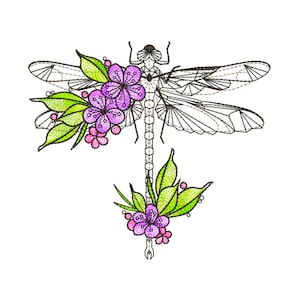 May include: A black and white line drawing of a dragonfly with green and purple flowers.