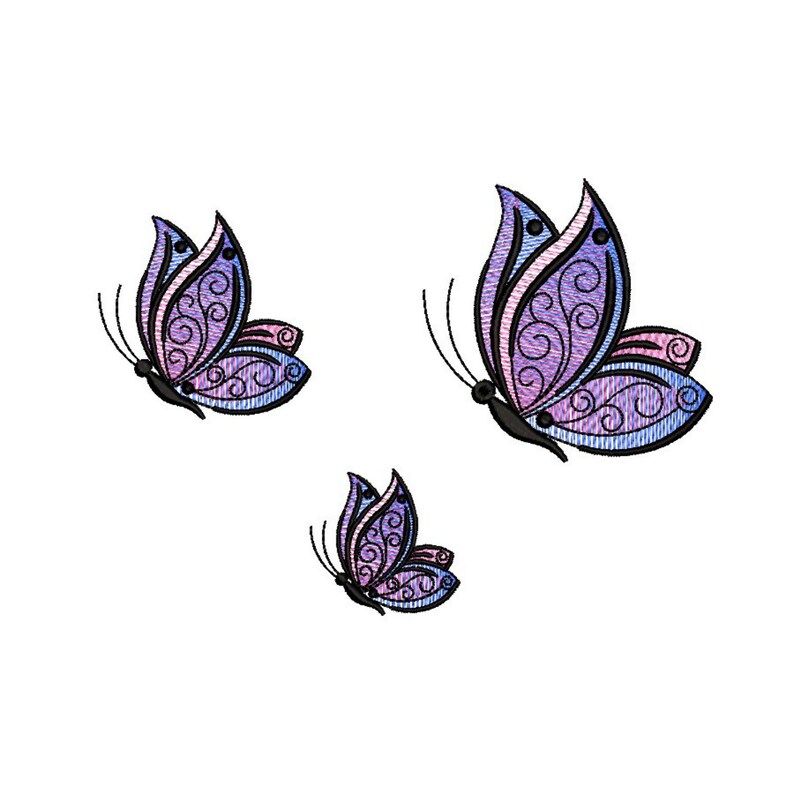 May include: Three purple and blue butterflies with intricate designs on their wings. The butterflies are flying in different directions.