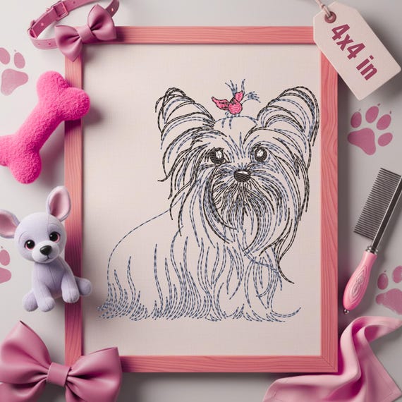 Machine Embroidery Yorkie Girl | 4x4 Hoop Design | Bow Puppy Sketch | Feminine Dog File