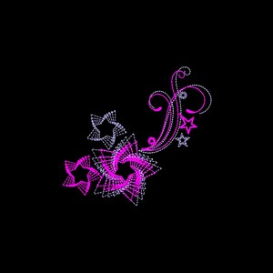 May include: A pink and purple floral design with stars. The design is made up of small dots that create a line art effect.