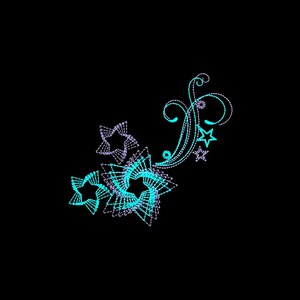 May include: A design featuring a swirling vine with stars in shades of blue and purple.