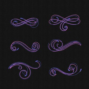 May include: Six different decorative swirls in pink and purple on a black background. The swirls are all different shapes and sizes, and they are all very intricate.