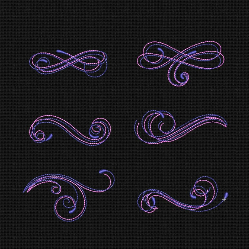 May include: Six different decorative swirls in pink and purple on a black background. The swirls are all different shapes and sizes, and they are all very intricate.