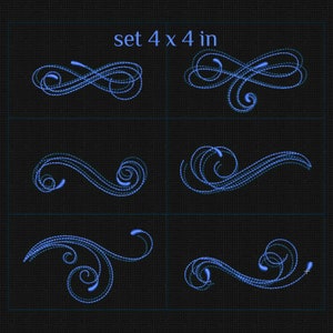 May include: Set of four 4x4 inch blue swirl designs. The swirls are outlined in white and have a dotted pattern.
